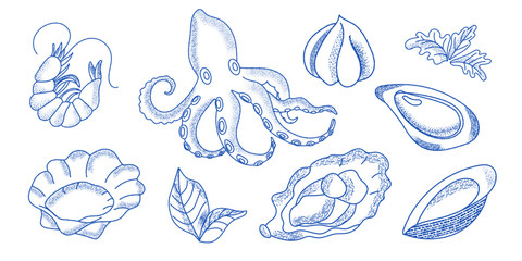 An intricate linocut showcases a collection of seafood, featuring shrimp, an octopus, clams, and oysters. The artwork highlights the natural form and textures of each marine life form.