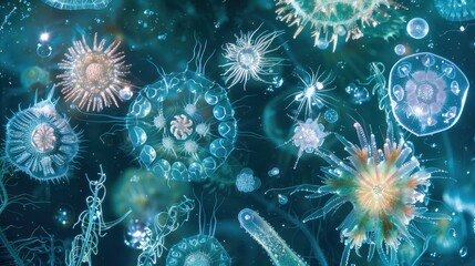 A wide-angle view of a radiolarian-rich plankton sample, with various species floating in a softly lit, blue-tinted aqueous environment, capturing the ethereal quality of these microorganisms