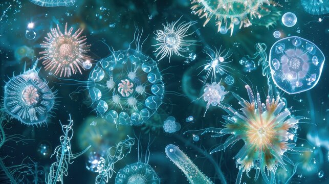 A wide-angle view of a radiolarian-rich plankton sample, with various species floating in a softly lit, blue-tinted aqueous environment, capturing the ethereal quality of these microorganisms