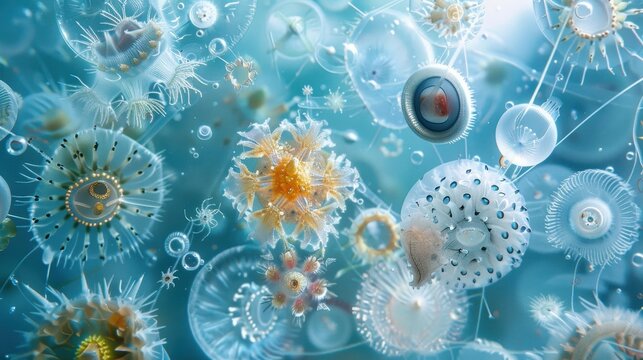 A wide-angle view of a radiolarian-rich plankton sample, with various species floating in a softly lit, blue-tinted aqueous environment, capturing the ethereal quality of these microorganisms