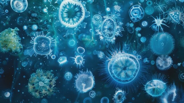 A wide-angle view of a radiolarian-rich plankton sample, with various species floating in a softly lit, blue-tinted aqueous environment, capturing the ethereal quality of these microorganisms
