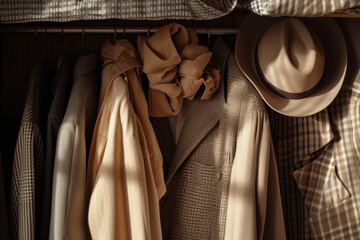 A visually striking image portraying a frugalist proudly displaying a carefully curated wardrobe of timeless, versatile clothing items. The composition utilizes a warm color palette and soft shadows