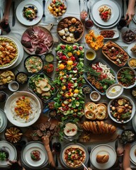A visually stunning aerial shot of a banquet table filled with a diverse array of global cuisines, creating a tapestry of flavors. The top-down perspective draws inspiration from the conceptual food