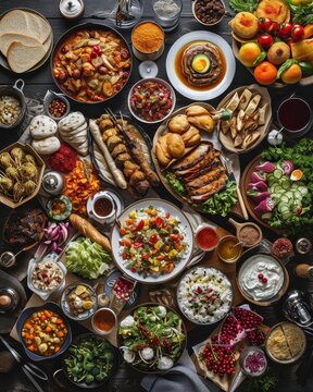 A visually stunning aerial shot of a banquet table filled with a diverse array of global cuisines, creating a tapestry of flavors. The top-down perspective draws inspiration from the conceptual food