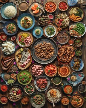 A visually stunning aerial shot of a banquet table filled with a diverse array of global cuisines, creating a tapestry of flavors. The top-down perspective draws inspiration from the conceptual food