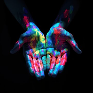 A visually stunning image featuring hands covered in vibrant neon paint, creating a mesmerizing dance of color against a pitch-black background. The play of light and shadow