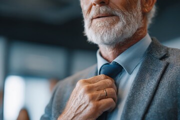 A distinguished mature man adjusting his tie, showcasing professionalism and attention to detail, embodying confidence and sophistication in a grey suit jacket.