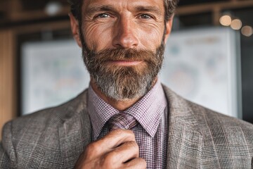 A close-up portrait of a stylish and confident middle-aged businessman adjusting his tie, wearing a tailored suit and shirt, showcasing professionalism and success.