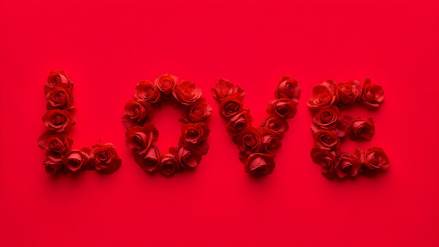 red rose petals spell out the word love