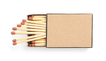 Matches in box isolated on white, top view. Mockup for design