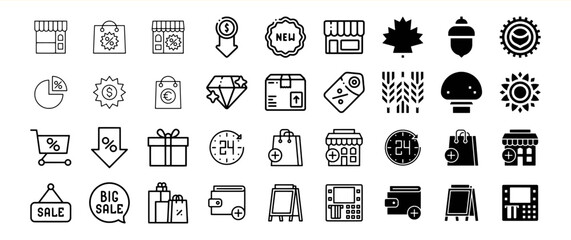 A diverse collection of commerce related icons, including sales, shopping, and payment symbols