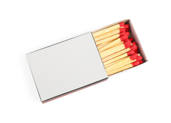 Matches in box isolated on white, top view. Mockup for design
