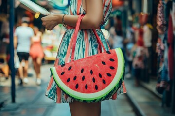 Fashionable young woman with watermelon bag in vibrant market
