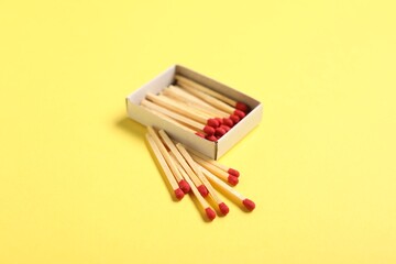 Matches and open box on yellow background