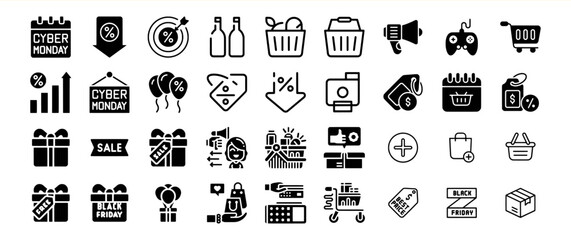 Cyber Monday and Black Friday Sale Icons: A Collection of Shopping and Discount Symbols