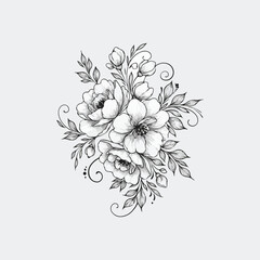 Elegant Monochrome Floral Bouquet: A Hand-Drawn Botanical Illustration
