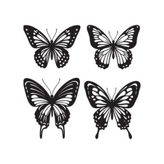 A set of four black butterfly silhouettes, each with unique wing patterns and shapes