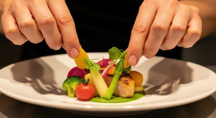 Close-up of chef's hands plating exquisite gourmet dish with vegetables