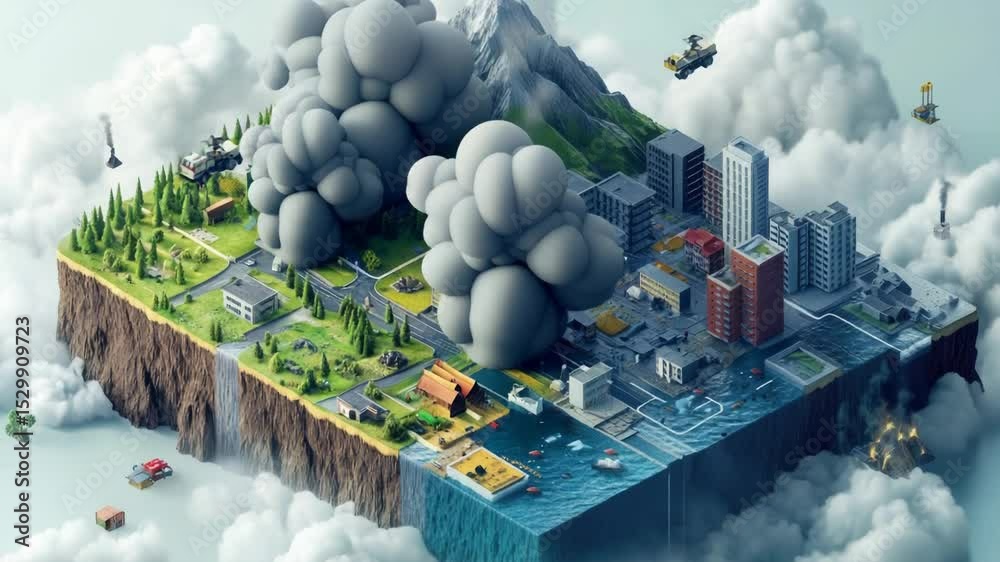 Poster Aerial view of a city built on an island, with multiple buildings and structures
