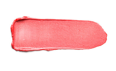 Sample of pink lipstick isolated on white, top view