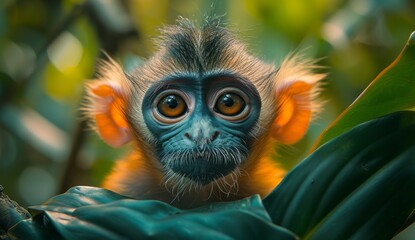 Fototapeta premium A captivating portrait of a curious monkey peering through lush foliage, highlighting the beauty of wildlife and the playful spirit of nature in a vibrant jungle setting.