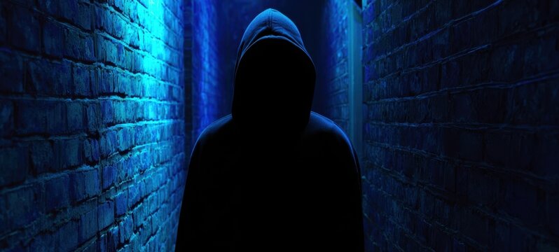The hooded figure standing ominously in a blue-lit dark alleyway. - Powered by Adobe
