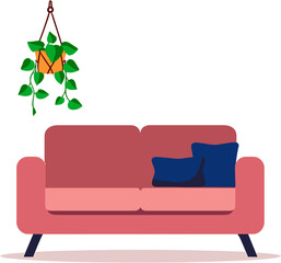 Cozy pink sofa with blue cushions and hanging plant decor