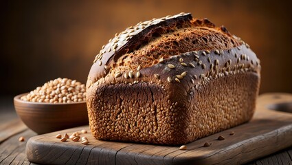 A freshly baked buckwheat bread loaf with a dark, seed-crusted surface rests on a rustic wooden table beside a bowl of raw groats. The warm, earthy setting highlights its wholesome, gluten-free roots.