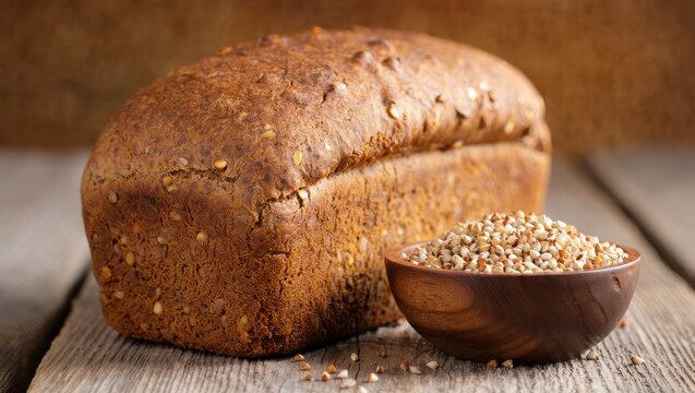 A freshly baked buckwheat bread loaf with a dark, seed-crusted surface rests on a rustic wooden table beside a bowl of raw groats. The warm, earthy setting highlights its wholesome, gluten-free roots.