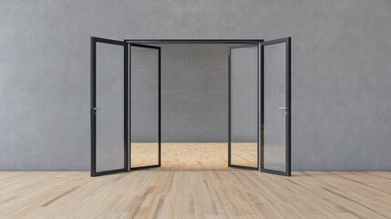Modern interior showing open glass doors leading to a space. Wooden floors and concrete wall