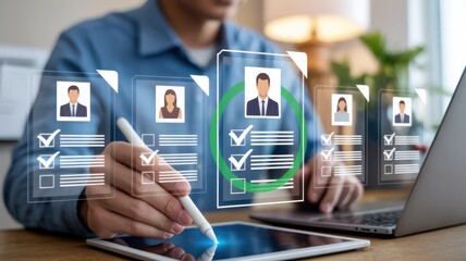 Candidate selection process through digital recruitment interface, floating digital profiles of job candidates, hiring procedures.