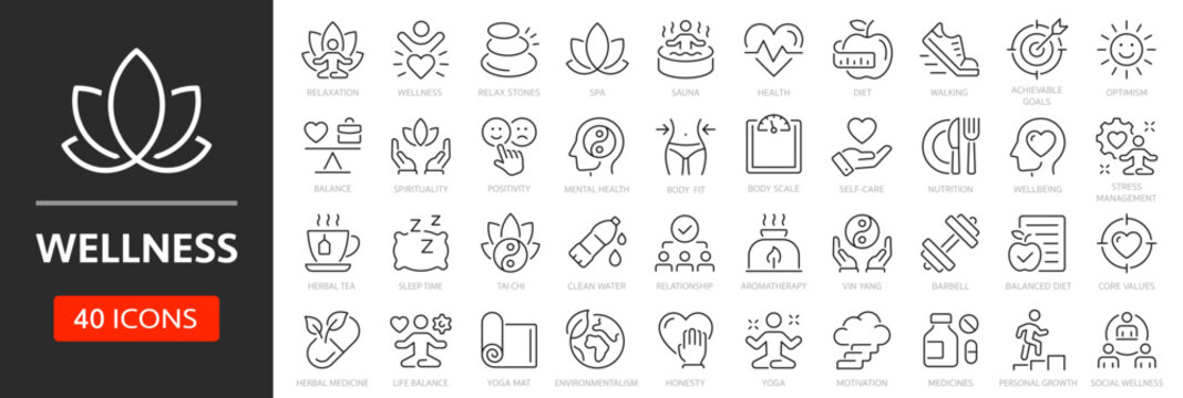 Wellness thin line icon set. Improving and restoring physical, mental and emotional health. Yoga, wellbeing, relaxation, spa, healthcare, aromatherapy - stock vector.
