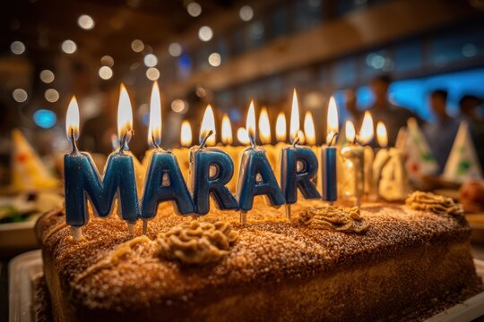 A scrumptious birthday cake adorned with blue MARARI candles burning brightly, set against a blurred festive background, creating a warm and celebratory atmosphere.