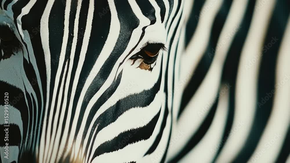 Poster a close-up view of a zebra's facial features, with the background blurred out