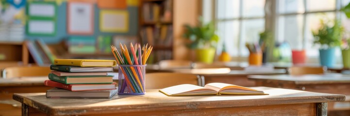 Welcoming classroom scene, where a rustic wooden desk is filled with colorful books, open notebooks, and a vibrant container of pencils. Back to school atmosphere.