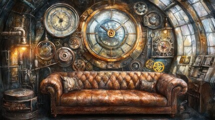 Obraz premium Steampunk-style room with a leather sofa and intricate clockwork mechanisms.