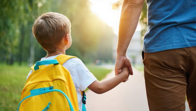 Boy with yellow backpack holding father's hand on the way to school at sunrise.