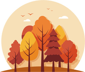 Colorful autumn forest scene with stylized trees and hills  