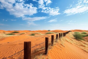 Barbed wire fence traversing a picturesque desert landscape with undulating sand dunes and sparse vegetation under a bright blue sky