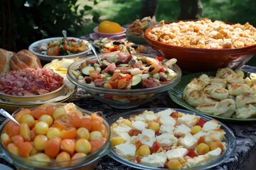 Various dishes are served on a table during a picnic, offering a delightful culinary experience amidst nature