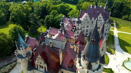 Moszna Castle fly over landscape view from above architecture near the village Moszna Poland