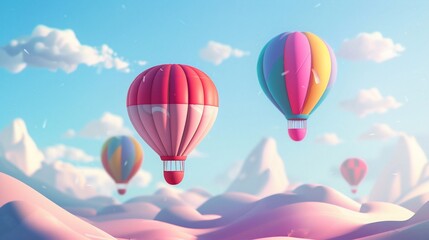 Fototapeta premium Colorful hot air balloons floating over pastel mountainscape. Clouds dot the light blue sky