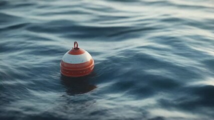 A bright orange and white buoy floating on calm ocean waters, great for travel or adventure imagery