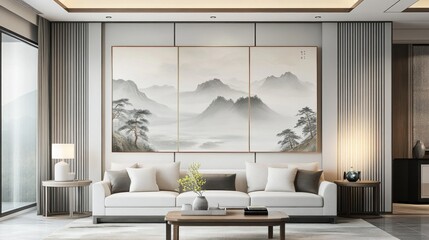 Serene living room featuring a muted mountain triptych, inviting neutral palette and calm air
