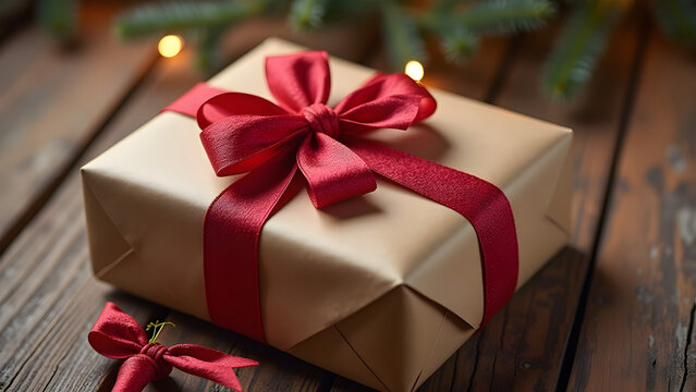 Wrapped Gift with Ribbon on Rustic Wooden Surface for Christmas