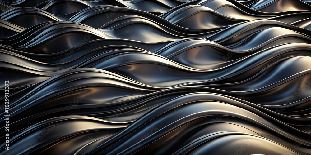 Poster layers of glossy black material undulate in a dynamic formation, creating a visually captivating tex