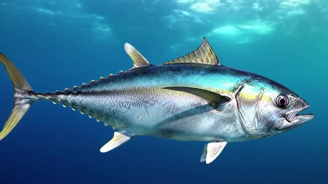 Large tuna swimming gracefully through clear blue ocean water sun rays pierce through