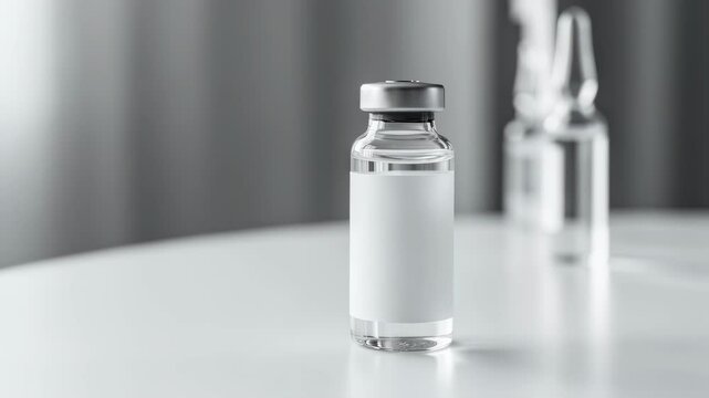 Glass medical vial with clear liquid and blank label standing on white table. Vaccine or medication concept footage.