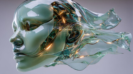 3d rendering, expressive levitating translucent mint green film isolated on neutral background, cosmetic peel-off mask. Purity concept. Futuristic textile