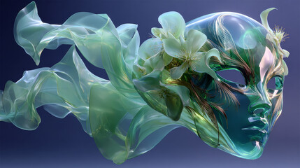 3d rendering, expressive levitating translucent mint green film isolated on neutral background, cosmetic peel-off mask. Purity concept. Futuristic textile